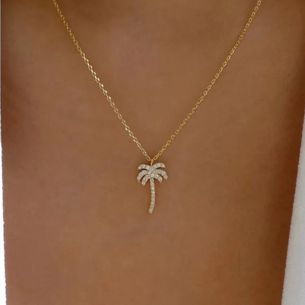 Dainty Palm Tree Charm Necklace Diamond Crystal Tropical